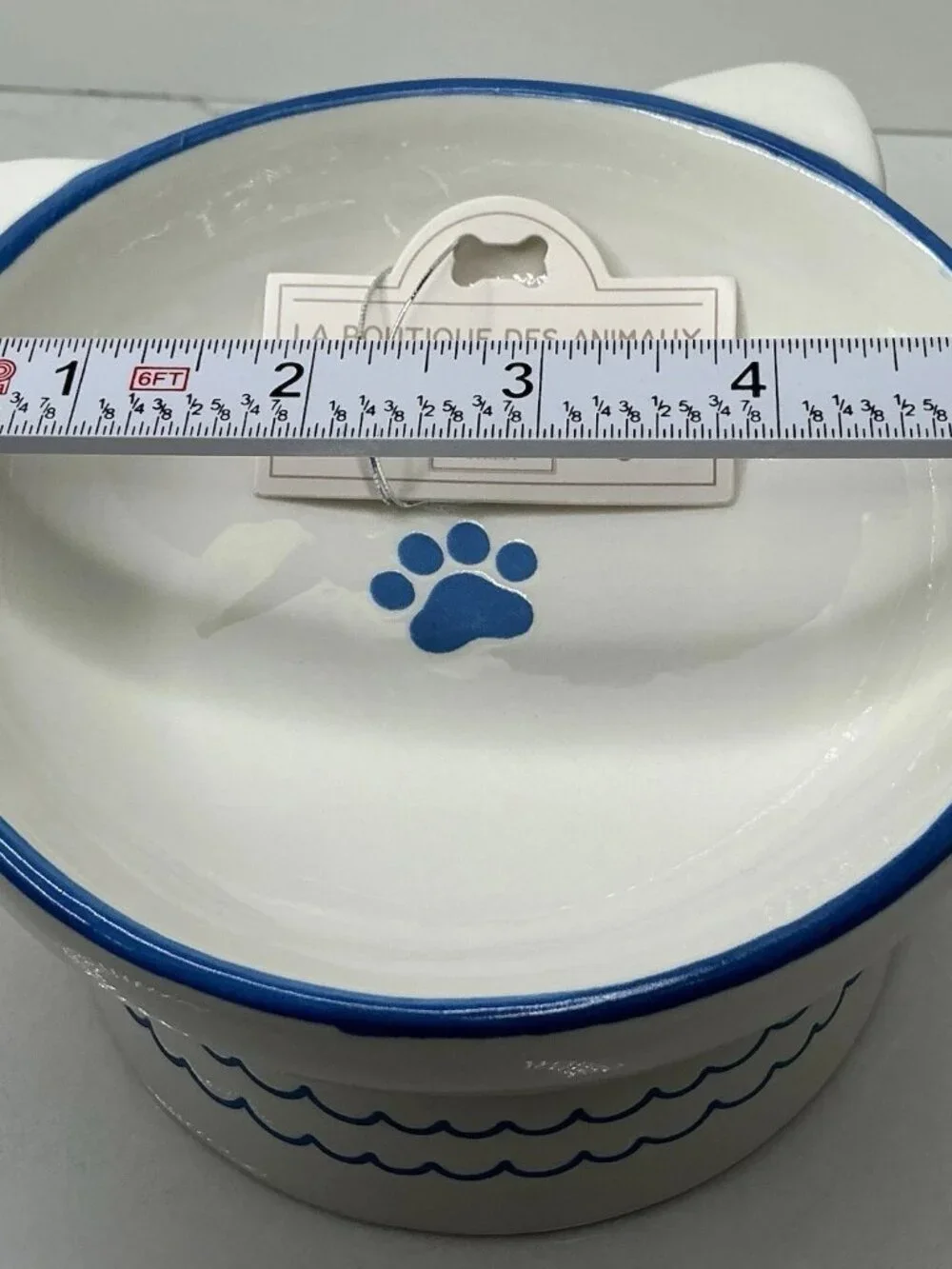 10 Strawberry Street Ears Up Elevated Cat Bowl, White Blue, 7-oz New